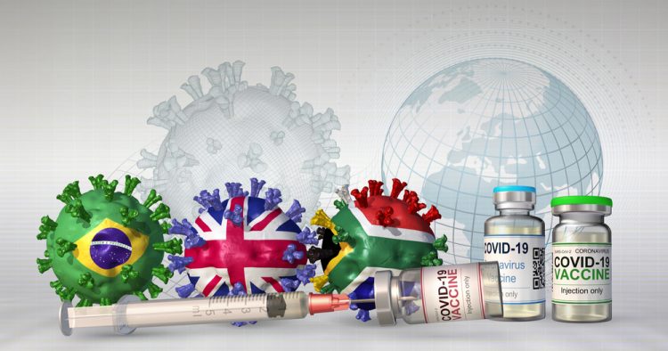 vaccine efficacy against COVID-19 viral variants concept - three coronavirus particles in the Brazil, UK and South African flag next to three different vials labelled #COVID-19 Vaccine'