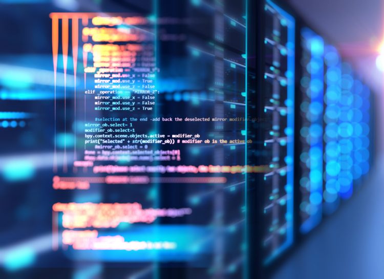 server room 3d illustration with node base programming data design element.