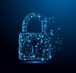 computer graphic of a padlock in blue on a darker blue to black gradient background - idea of cyber/data security