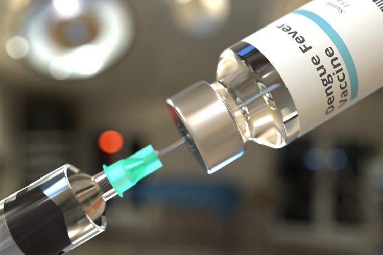 3D rendering of a syringe drawing from a glass vial labelled 'DENGUE FEVER VACCINE'