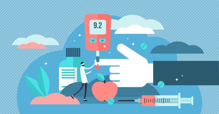 Graphic showing various diabetes related devices, eg, a blood sugar analyser, a syringe and doctor