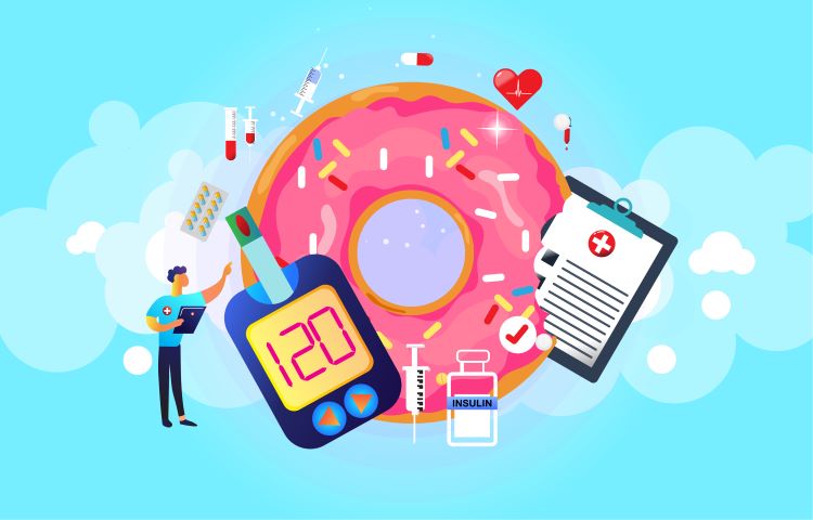 Cartoon of a small doctor is scrubs next to a large donut, a blood sugar monitoring device, syringe and vial labelled 'insulin' and a range of other treatments - idea of treating obesity and type 2 diabetes