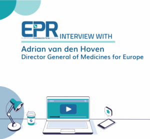 Interview title slide stating the interview is with Adrian van den Hoven, Director General of Medicines for Europe