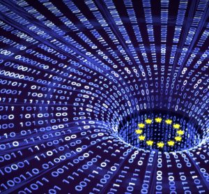 3D illustration of data (indicated by binary code) falling into a a pit containing the EU flag - idea of EU data regulations/standards