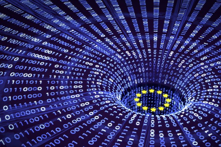 3D illustration of data (indicated by binary code) falling into a a pit containing the EU flag - idea of EU data regulations/standards
