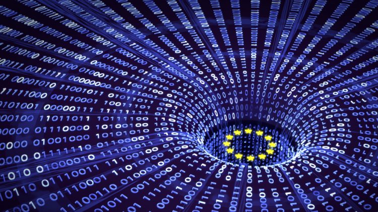 3D illustration of data (indicated by binary code) falling into a a pit containing the EU flag - idea of EU data regulations/standards