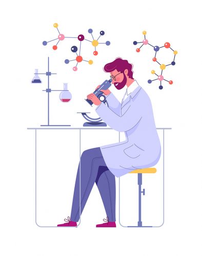 cartoon of scientist looking down a microscope in a lab, idea of nitrosamines research