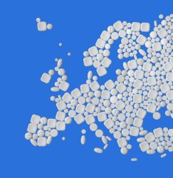 Continent of Europe made out of white pharmaceutical pills of different shapes and sizes - idea of European medicine supply chains