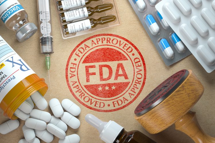 stamp stating 'FDA Approved' surrounded by various medicines, including tablets, vaccines, nasal sprays etc