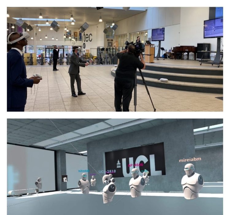 Figure 1: VR Based Outreach: Top) Students using VR headsets. Bottom) View of students from inside VR.