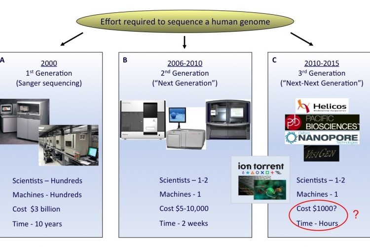 FIGURE 1 The rapid evolution of sequencing technologies. A. First generation Sanger sequencing technology. B. Second ‘Next’ generation massively parallel sequencing technology (454 Sequencing © Roche Diagnostics) C. Third ‘Next-Next’ generation single molecule, real-time sequencing technology. In the coming years, second or third generation technologies may develop to an extent where a human genome can be sequenced for a USD 1,000 in a matter of hours