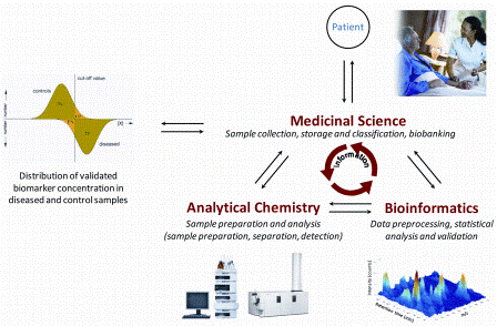 FIGURE 1 Parties involved in the biomarker discovery and validation process. Medical Science is responsible for sample collection, pre-classification and storage in biobanks. Analytical Chemistry is responsible for developing sample preparation protocols and analytical platforms both for comprehensive biomarker discovery on low numbers of samples as well as for the targeted validation in large sample cohorts. Bioinformatics is responsible for performing the data pre-processing and statistical analysis as well as the validation of data and clinical information provided by the analytical and medical partners. A close collaboration and information exchange is essential for the success of biomarker research