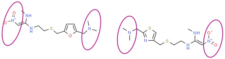 Figure 2: Structures of ranitidine (ChemSpider Reference 2272523, LHS), nizatidine (ChemSpider Reference 2298266, RHS) highlighting that intra-molecular re-arrangement can generate NDMA.