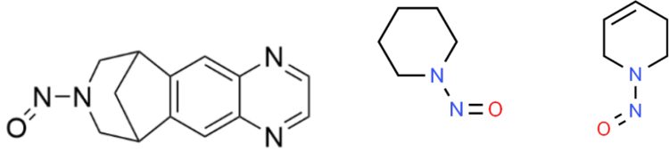 Figure 3: Structure of N-nitrosovarenicline (NNV), N-nitrosopiperidine (ChemSpider Reference 7245) and N-nitroso 1,2,3,6-tetrahydropyridine (ChemSpider Reference 37838).