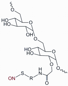 Figure 6: The polymer dextran was modified to contain different pendant groups that are available for NO loading where R represents cysteamine, cysteine or other structural analogues