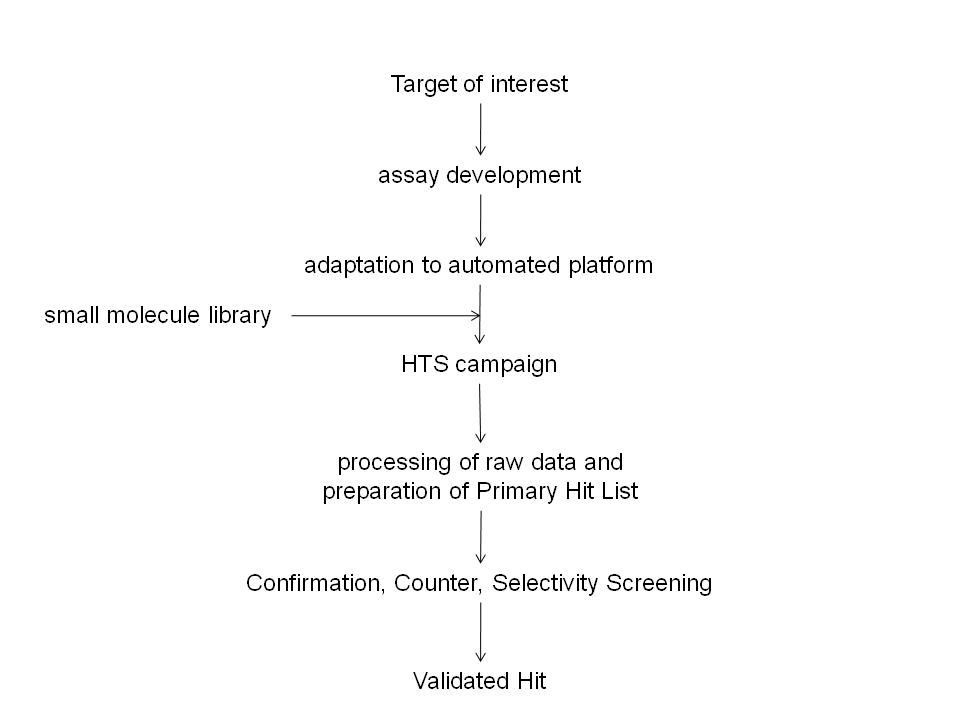 Figure 1 Typical critical path for small molecule Drug Discovery programs. Drug Discovery involves identification of a Target of interest for which an assay is developed. This assay is then adapted for screening purposes and utilised in a High Throughput Screening campaign against small molecule libraries. The High Throughput Screening campaign will usually yield many Hit molecules. Confirmation, Counter and Selectivity Screening will provide a final list of Validated Hits.