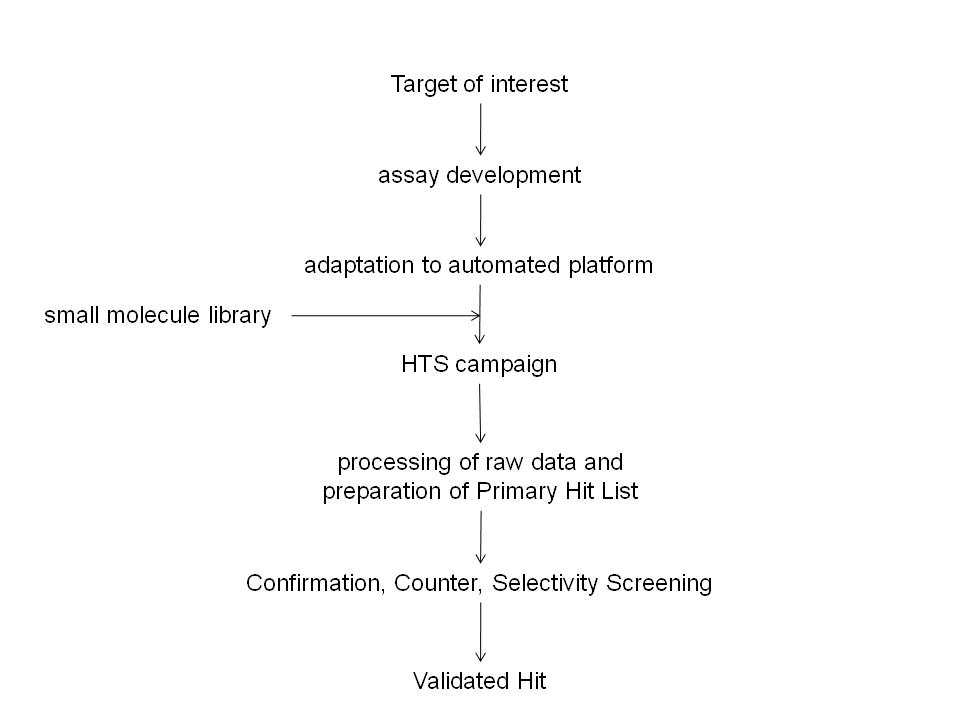 Figure 1 Typical critical path for small molecule Drug Discovery programs. Drug Discovery involves identification of a Target of interest for which an assay is developed. This assay is then adapted for screening purposes and utilised in a High Throughput Screening campaign against small molecule libraries. The High Throughput Screening campaign will usually yield many Hit molecules. Confirmation, Counter and Selectivity Screening will provide a final list of Validated Hits.