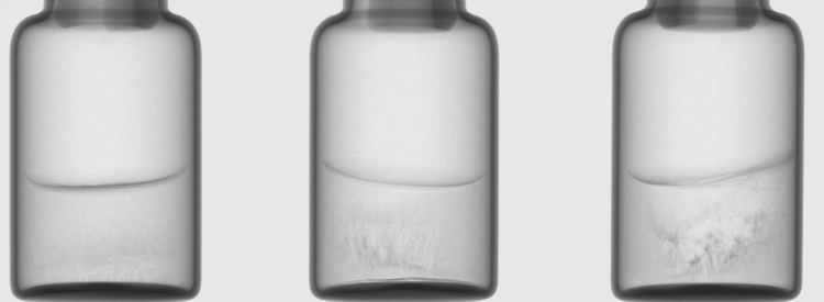 Figure 1: X-ray images of vials with a solution of S-adenosyl-L-methionine (100 mg/mL) showing different degrees of cake microcollapse. Images taken in the CTportable 25.50 micro tomograph (Fraunhofer IIS, Fürth, Germany).