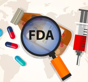 World map overlaid with a bottle of pills and a syringe being inspected by a magnifying glass labelled FDA