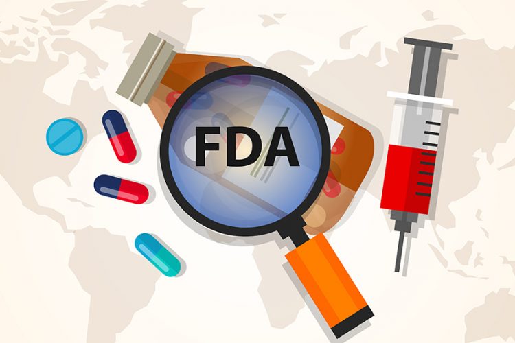 World map overlaid with a bottle of pills and a syringe being inspected by a magnifying glass labelled FDA