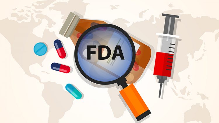 World map overlaid with a bottle of pills and a syringe being inspected by a magnifying glass labelled FDA