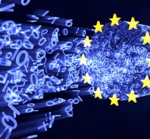 abstract collection of letters and numbers cut off by a ring of golden stars representing the European Union - idea of GDPR protecting data