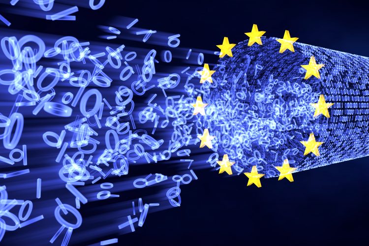 abstract collection of letters and numbers cut off by a ring of golden stars representing the European Union - idea of GDPR protecting data