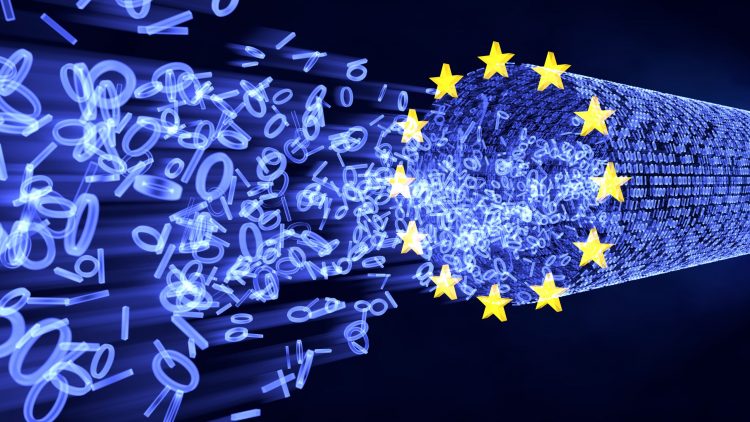 abstract collection of letters and numbers cut off by a ring of golden stars representing the European Union - idea of GDPR protecting data