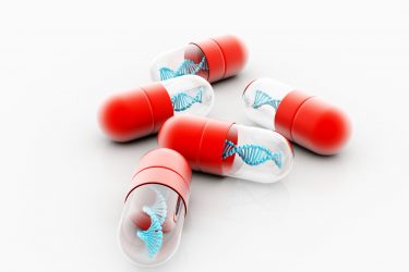 3D illustration of blue DNA strands in several red and clear medicine capsules - idea of gene therapies