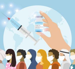 Cartoon of a globe with various races of people wearing facemasks and a vial labelled 'COVID-19 VACCINE' in front of it