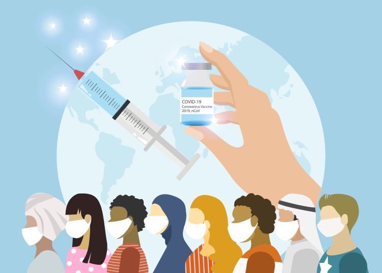 Cartoon of a globe with various races of people wearing facemasks and a vial labelled 'COVID-19 VACCINE' in front of it