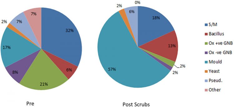 Figure 4: CFUs identified on passive plates between January and June 2020 (pre scrubs) and July to December 2021 (post scrubs).