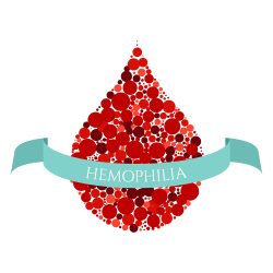 hemofilia en una pancarta azul sobre una gota de sangre compuesta de pequeños glóbulos rojos individuales