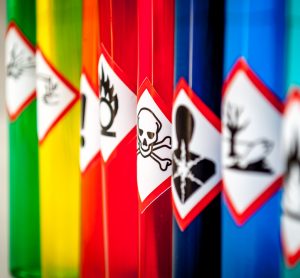 Line up of Chemical hazard pictograms with Toxic skull and cross bones infocus