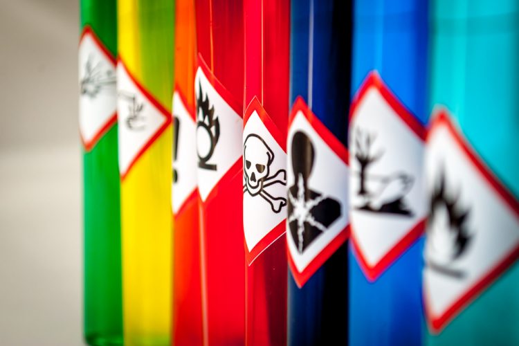 Line up of Chemical hazard pictograms with Toxic skull and cross bones infocus