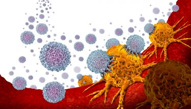 Cell therapy/immunotherapy concept image - white "cells" attacking yellow "tumour"