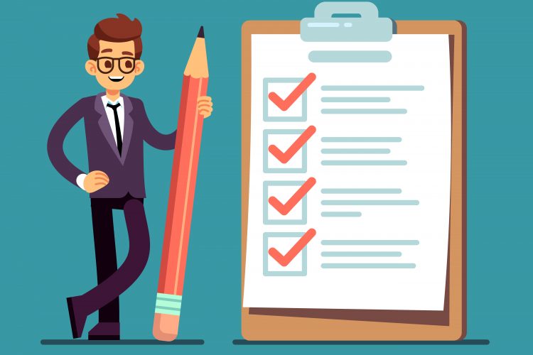 Cartoon of a man in a suit holding a giant pencil next to a clipboard with a ticked checklist on it - idea of inspections
