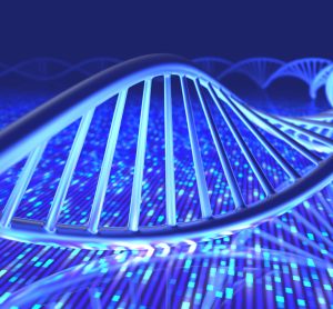 Blue DNA stand hovering above a genetic sequence