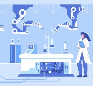 concept of lab automation - cartoon of robotic arms doing an experiment in a lab as scientists watch