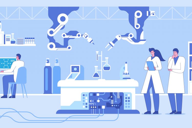 concept of lab automation - cartoon of robotic arms doing an experiment in a lab as scientists watch