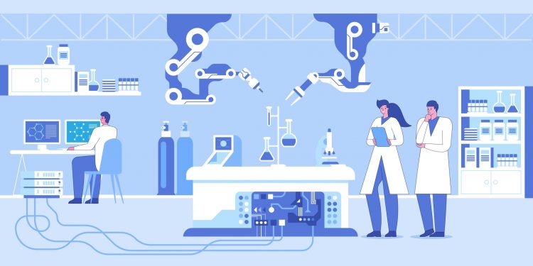 concept of lab automation - cartoon of robotic arms doing an experiment in a lab as scientists watch