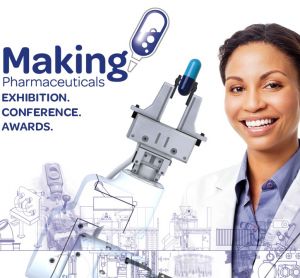 Making Pharmaceuticals graphic with event logo, scientist and medicine capsule