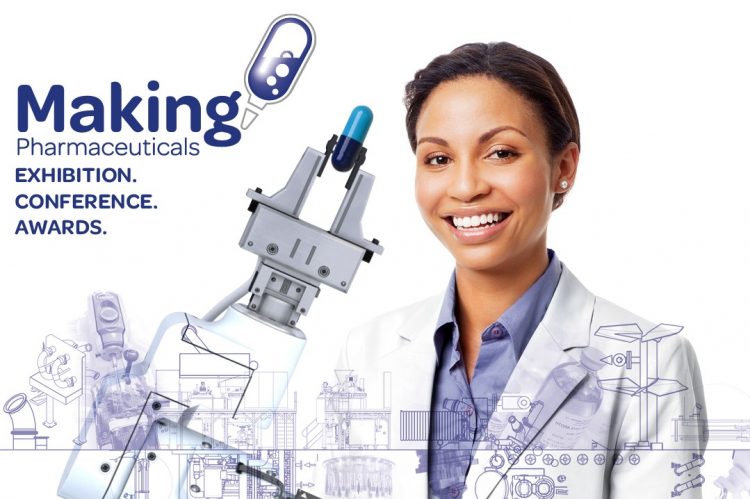 Making Pharmaceuticals graphic with event logo, scientist and medicine capsule