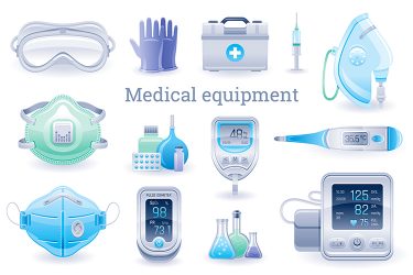 Medical device graphic including Pulse oximeter, tonometer, thermometer, oxygen mask, blood glucose meter, respirator.