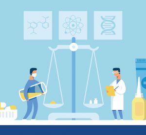 Cartoon of Scientist in Protective Mask Weighing Powder Component for New Pills on Scales - idea of weighing and analytical balances