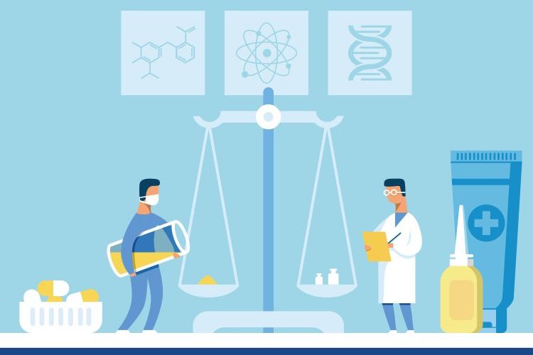 Cartoon of Scientist in Protective Mask Weighing Powder Component for New Pills on Scales - idea of weighing and analytical balances