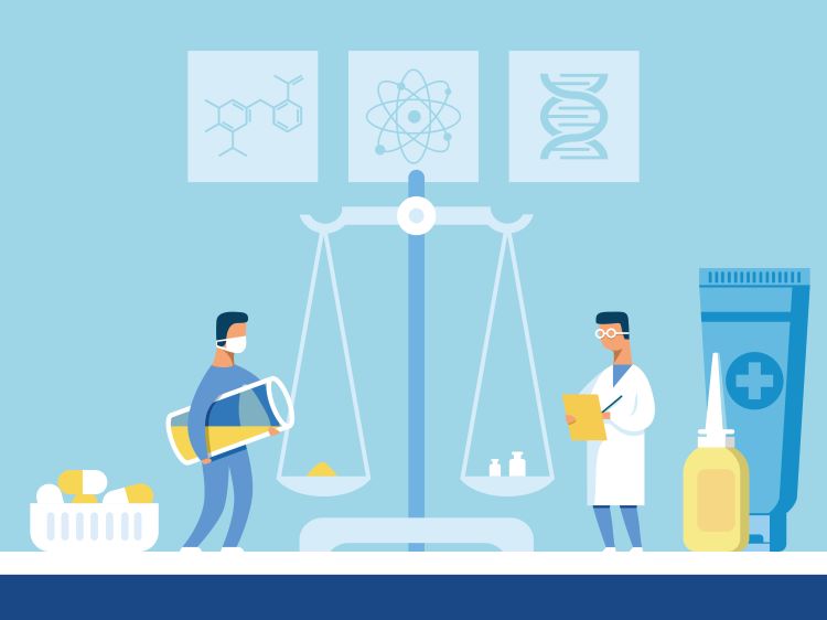 Cartoon of Scientist in Protective Mask Weighing Powder Component for New Pills on Scales - idea of weighing and analytical balances