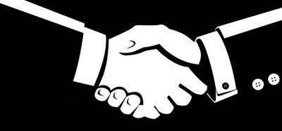 Black and white illustration of shaking hands - idea of mergers and acquistions