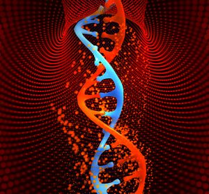 Idea of cell and gene therapy - blue and red DNA strand on an abstract red spotted background