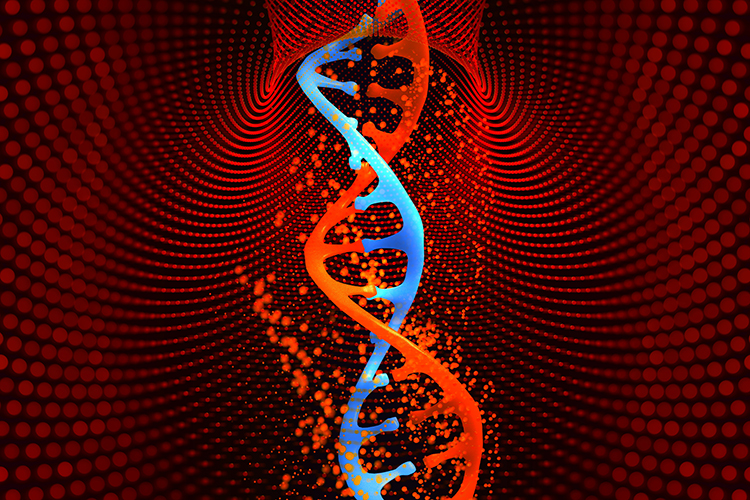 Idea of cell and gene therapy - blue and red DNA strand on an abstract red spotted background